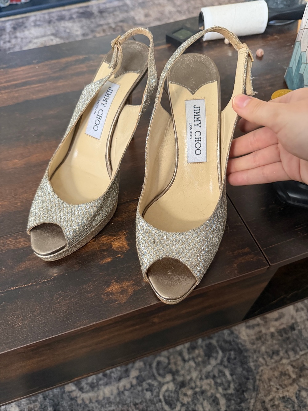 Jimmy Choo Gold Glitter Peep-Toe Slingback Heels Nova 247 size 37 US Size 7